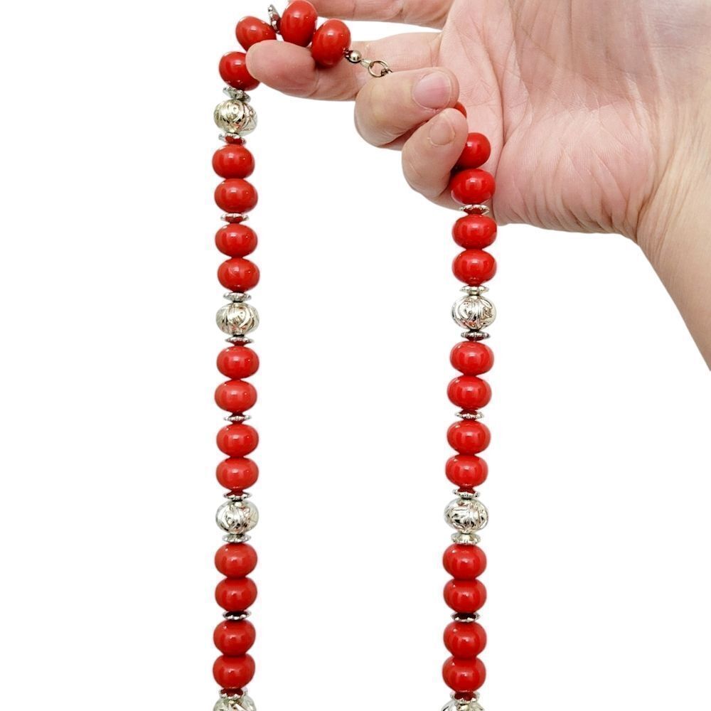 2/$20 Vintage Red & Silver Long Necklace Length: 30.5" - Picture 9 of 9